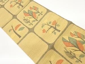 色紙に木々・花葉模様織出し洒落袋帯